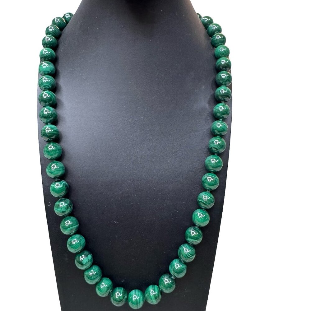 Vintage Green Malachite Beaded Necklace 24" Sterling Silver Clasp 170g Heavy
